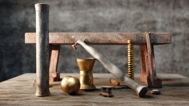Vintage tools and measuring scale placed on wooden surface rustic old workshop style industrial background