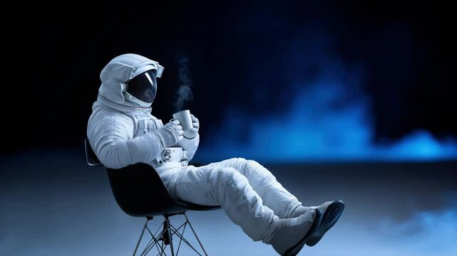 Astronaut relaxing in chair drinking coffee with futuristic blue smoke background
