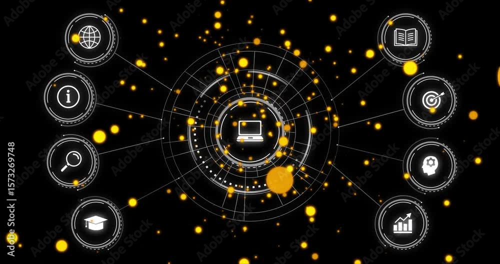 Poster HUD fading in, rings rotating, extending lines to icons as particles drifting visualizing data flow
