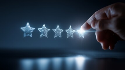 Online customer feedback and satisfaction rating hand selecting fifth glowing star digital review process high quality service evaluation business excellence technology interface