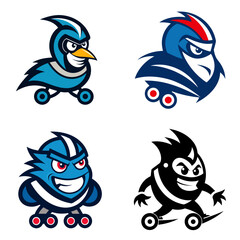 Naklejka premium Collection of cartoon birds and monster characters on roller skates with angry expressions shown