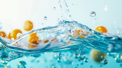 Juicy orange fruits splashing into water in dynamic composition fresh vitamin splash energy food concept
