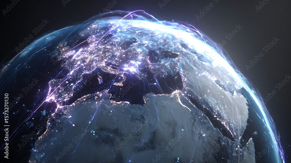Poster interactive holographic globe mapping ai-driven solutions to global problems with glowing lines