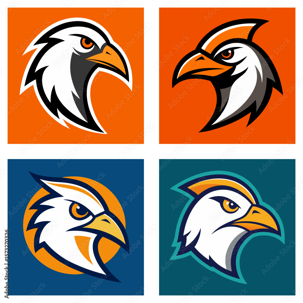 Poster four stylized eagle head logos with different color schemes arranged in a square grid pattern design