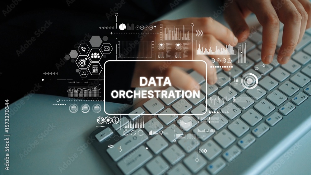 Poster modern data orchestration concept with hands typing on keyboard and digital graphs representing data