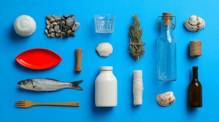Flat lay blue background with healthy food and kitchen ingredients fresh fish herbs dairy oil