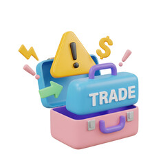 3D concept of trade risk, with an open briefcase showing a warning sign and dollar symbol. Isolated on transparent background, png