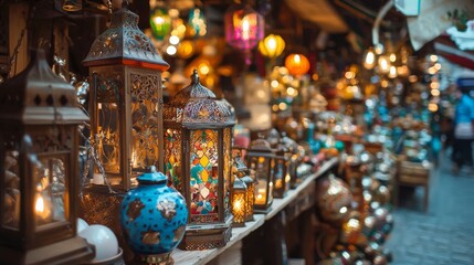 Fototapeta premium Colorful Moroccan lanterns with warm lighting hanging in decorative traditional night market atmosphere exotic