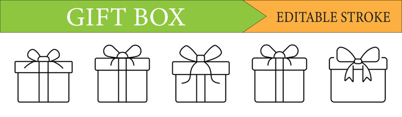 Gift Box Line Icon Set | Editable Stroke Vector Symbols for Presents & Celebration