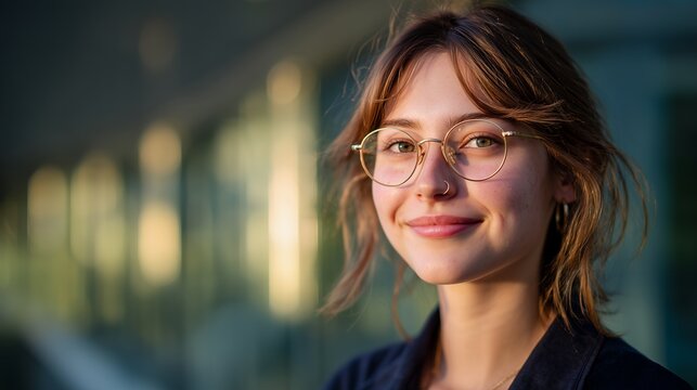 Happy young female professional smiling confidently outside modern office building wearing stylish glasses represents success and confidence modern career woman junior executive - Powered by Adobe