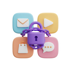 3D data security concept with padlock locking app icons together. Isolated on transparent background, png