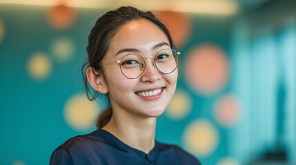 Joyful portrait of a focused young Asian marketing manager or financial analyst wearing trendy glasses smiling brightly indoors in an office setting