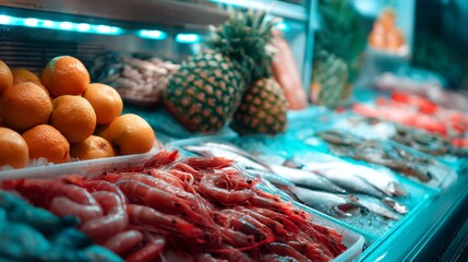 Fototapeta premium Fresh meat products inside refrigerated supermarket shelf with frost clean cold storage retail display