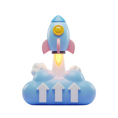 3D icon of a rocket launching from clouds with upward arrows, symbolizing startup growth. Isolated on transparent background, png