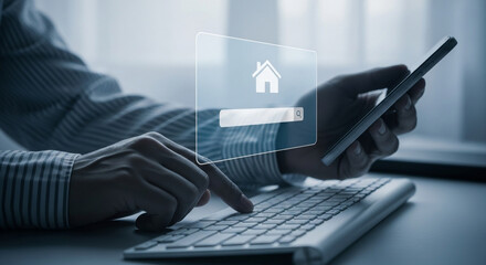 Person using keyboard and phone with home search interface overlay displayed on screen digitally 100