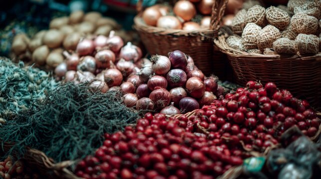 Fresh organic onions and garlic in market display basket full of vegetables at rustic food stall