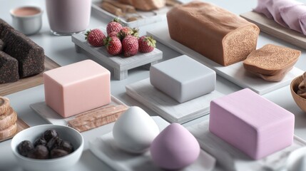 Assorted pastel spa soap products skincare cosmetics beauty bars minimal display self care bathroom wellness