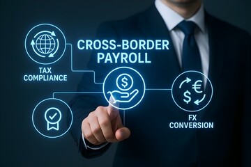 A businessman's hand interacts with a futuristic interface illustrating the complexities of cross-border payroll, highlighting tax compliance and currency conversion.