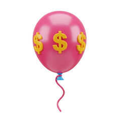 3D pink balloon with yellow dollar signs for finance and profit concepts. Isolated on transparent background, png