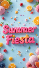 “Colorful Summer Fiesta Poster Featuring Ice Cream Cones, Fruits, and Bubbly Text on Blue Background”