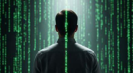 Man standing in front of green digital rain with code running down his back in a dark environment