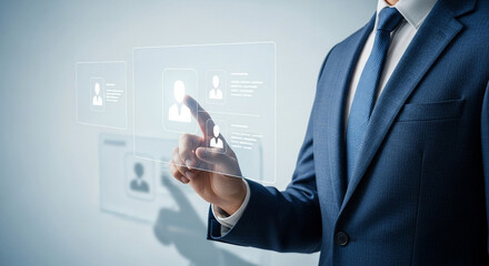 A person in a suit touching a digital interface with profile icons displayed on the screen in front
