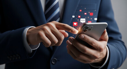Man in suit interacting with social media notifications on a smartphone in his hands close up view