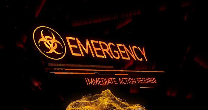 Glowing biohazard emerging, EBK changing to EMERGENCY, IMMEDIATE ACTION REQUIRED, enveloping mesh