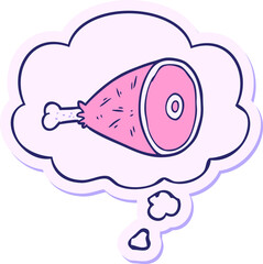 cartoon cooked meat with thought bubble as a printed sticker in bright neon color