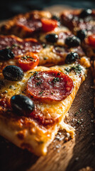 Close up shot of a slice of pepperoni pizza with olives and tomatoes on a wooden cutting board surface