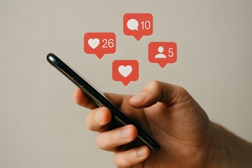 A person's hand holds a smartphone, showcasing various social media notifications.