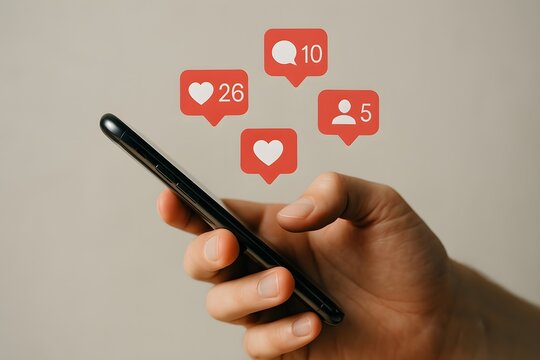 A person's hand holds a smartphone, showcasing various social media notifications.