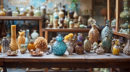 Handcrafted ceramic vases in artisan market rustic display with colors texture craftsmanship pottery ethnic decoration