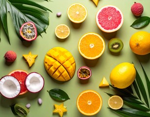 a collection of fruit with a green background and monstera leaves