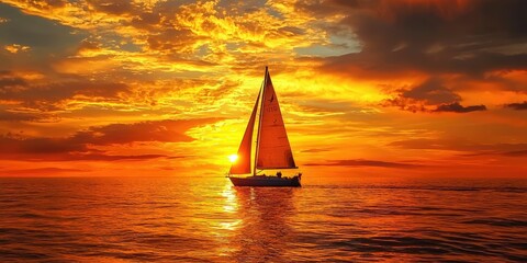Fototapeta premium Sailboat drifting across a golden ocean under a fiery sunset sky