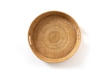 Wicker woven bamboo tray isolated on white background. Handmade by local craftsmen in sri lanka...