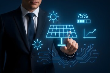 A businessman in a suit uses a touchscreen to display solar energy data, including a graph, percentage, and solar panel icons.