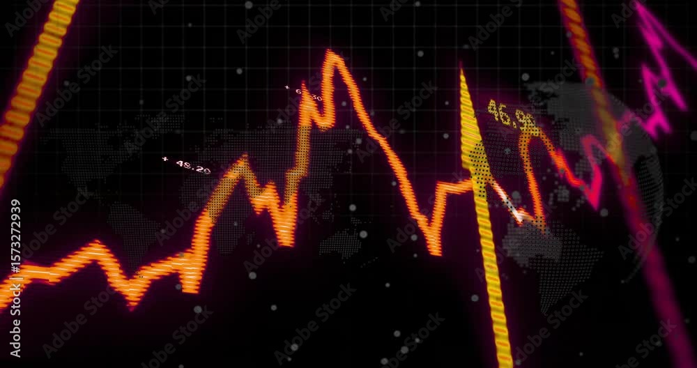 Poster opening dark grid over world map waveform scrolling magenta trailing bar pulsing visualizing data