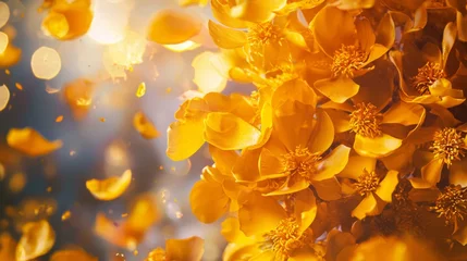 Handdoek met foto Meisjeskamer Golden yellow flower petals falling in air glowing light floral romantic nature inspired background design  © Juan