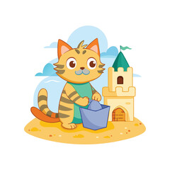 Cute beach cat building a sandcastle vector illustration, playful summer kitten, seaside fun, sandy castle art, white background, adorable feline cartoon, holiday beach scene