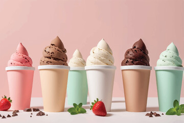 Vanilla, Strawberry, Chocolate, isolated background. White paper cup mockup, parlour shop menu dessert, vibrant colorful classic flavour 