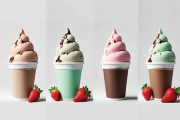Vanilla, Strawberry, Chocolate, isolated background. White paper cup mockup, parlour shop menu dessert, vibrant colorful classic flavour 