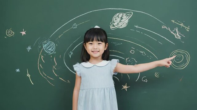 Cute asian girl 7 years old posing on green chalkboard with space background and smiling. Back to school 