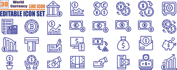 Currency symbols icon set outline style financial and monetary icons for business and trade: dollar, euro, pound, yen, bitcoin, rupee, exchange, cash