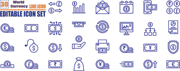 Currency symbols icon set outline style financial and monetary icons for business and trade: dollar, euro, pound, yen, bitcoin, rupee, exchange, cash