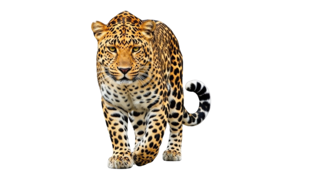 Leopard walking forward isolated on a white background
