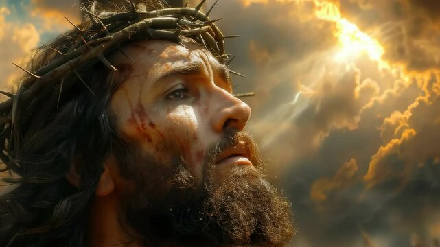 Jesus Christ's crucifixion: Golgotha ascent, divine look, final plea, spiritual surrender, heavenly communication, religious imagery, biblical truth, faith journey, holy sacrifice, theology focus.