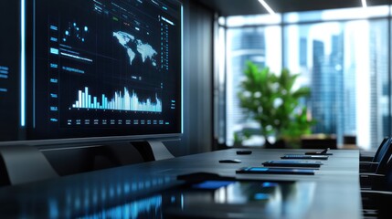 Naklejka premium Modern conference room with large screen displaying data charts