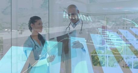 Nurse shifting patient file toward physician in medical clinic, analyzing data with fading charts - Powered by Adobe