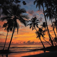 Silhouettes of palm trees at sunset on a tropical beach